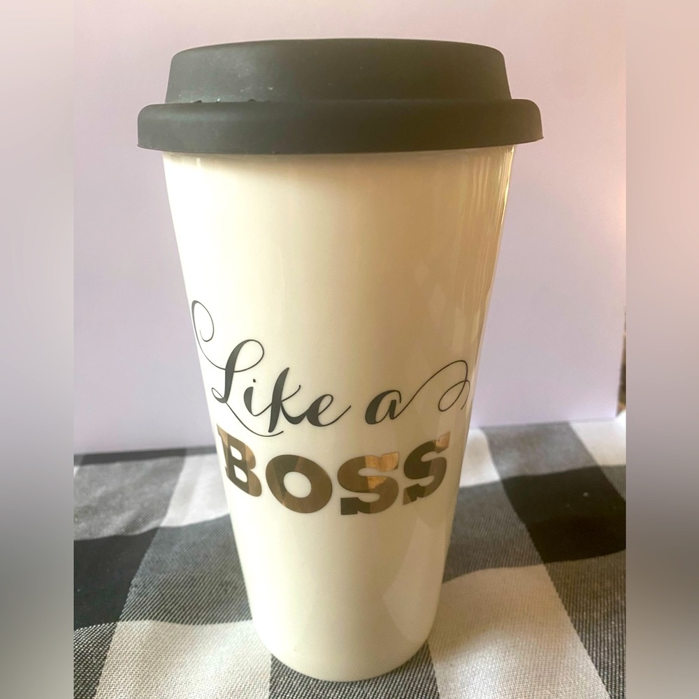 Francesca's Creative Co-op Ceramic "Like a Boss" Mug with Plastic Black Top
